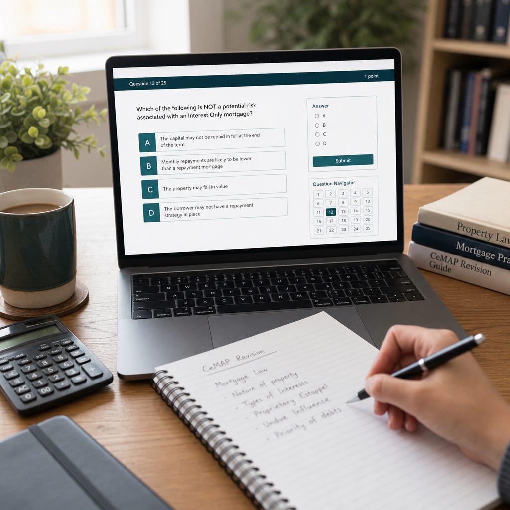 UK mortgage adviser revising for CeMAP exams at a study desk